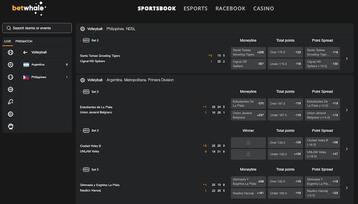 An image of volleyball odds at BetWhale, one of the best volleyball betting sites.